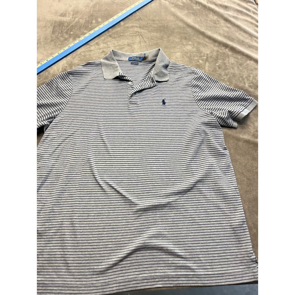 Polo Ralph Lauren Men XL Classic Fit Striped Polo Shirt Grey Navy Blue Short Slv